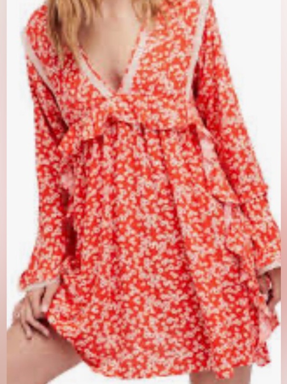 Free People Coral and Cream Floral V-Neck Babydoll Dress with ruffles. Large